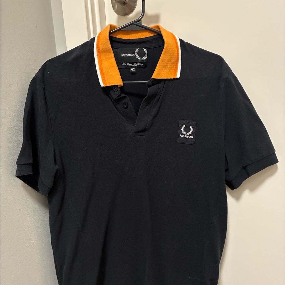 Raf Simmons Black Polo Shirt with Orange Collar
